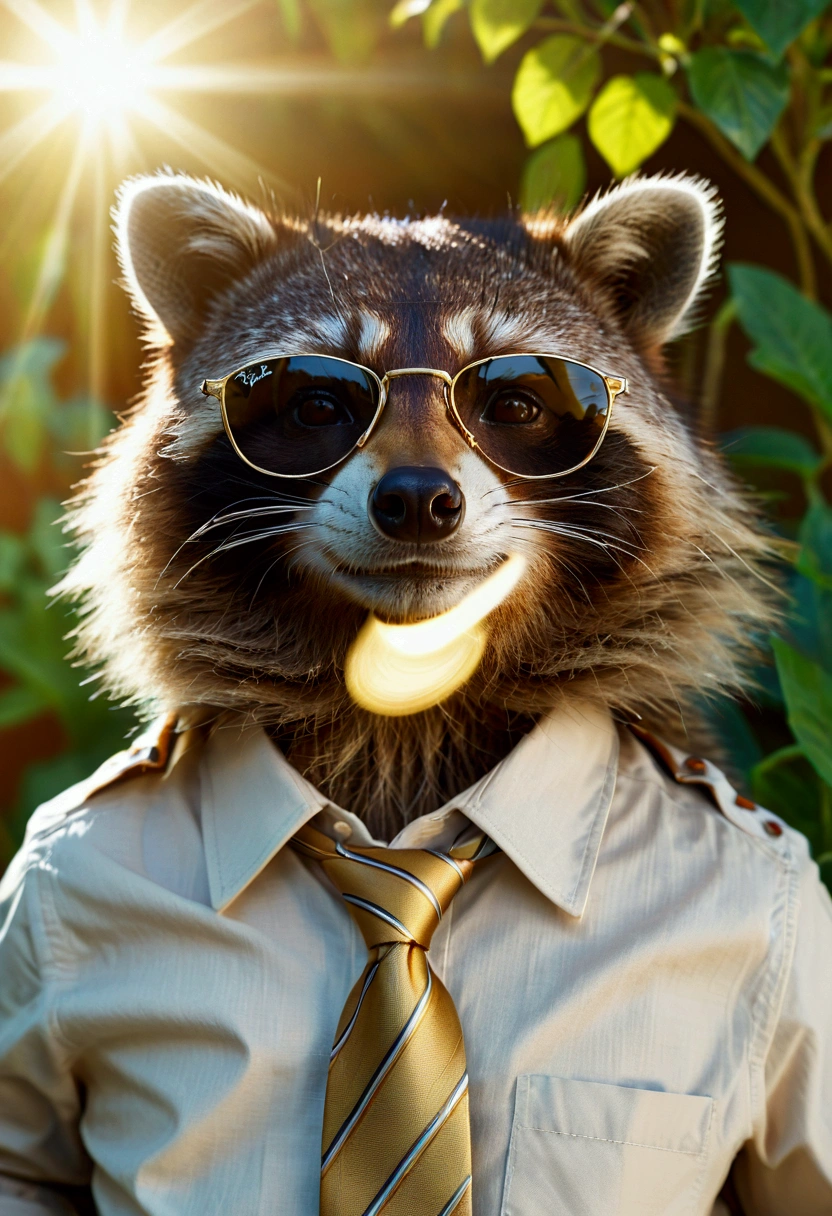 a raccoon consultant sunbathing in a garden,detailed raccoon face,raccoon wearing ray-ban sunglasses with gold frame,raccoon wearing loosened tie and open shirt buttons,realistic,photorealistic,photo-realistic:1.37,best quality,8k,highres,masterpiece:1.2,ultra-detailed,vivid colors,studio lighting,sharp focus,physically-based rendering,extreme detail description,professional. whit shirt with yellow brown striped tie