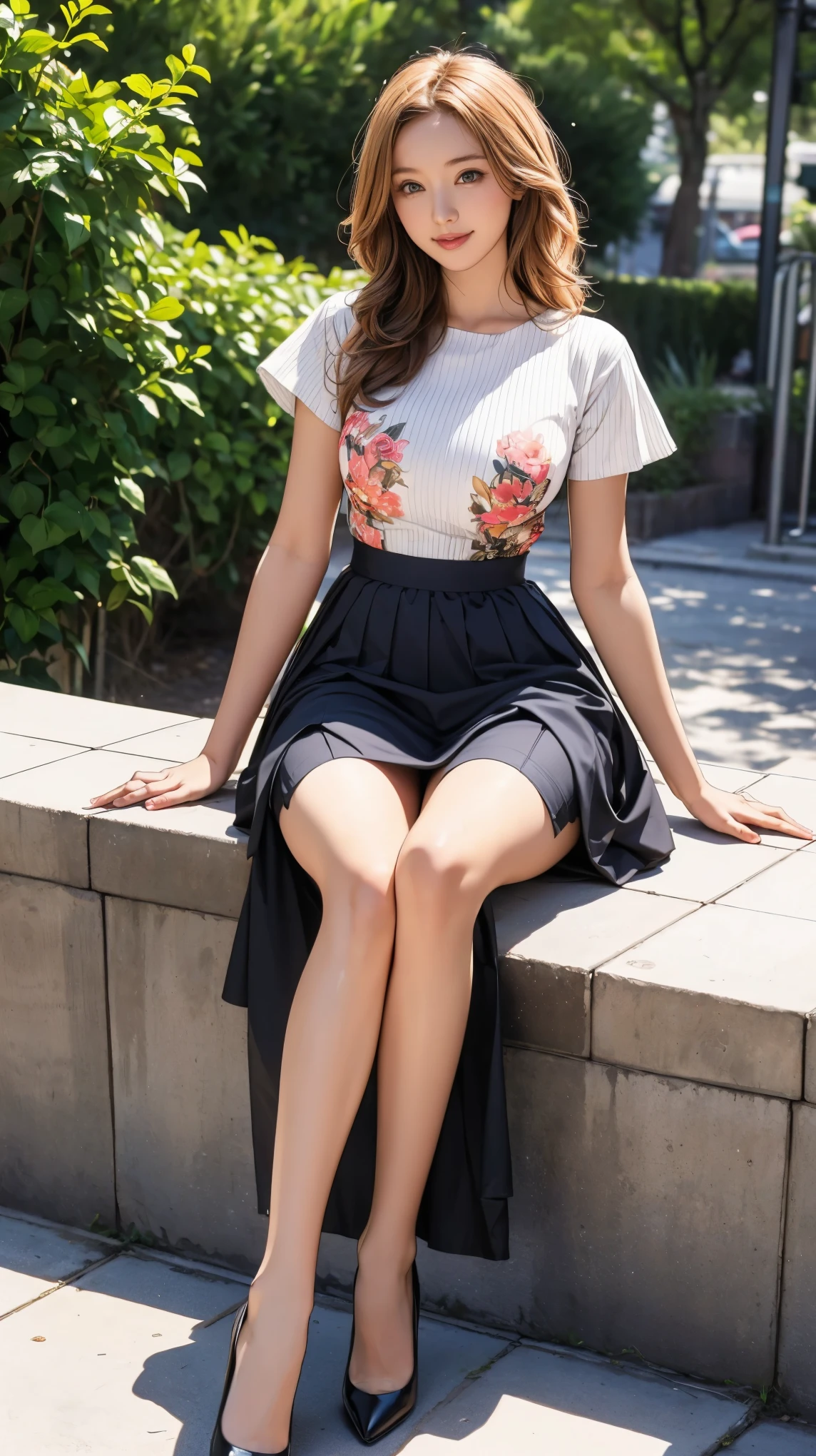 ((masterpiece)),(((Highest quality))),Thin thighs,Long legs,Slender figure:1.5，whole body:1.5，One Girl:1.3，Sharp eyes and the best smile:1.5，Sheer pantyhose and pointed high heels:1.5，Sit on the top of the mountain:1.2，Wearing a dress of flowers and plants:1.5，Curly brown messy hair:1.2，Sit with your legs wide apart:1.5，((masterpiece)),(((Highest quality))),Thin thighs,Long legs,whole body:1.5，(One Girl:1.3),(Black high heels：1.3),(Wearing a floral striped mid-long flared skirt dress:1.2),Lift up the hem of your skirt with both hands:1.5，Curly blonde hair:1.2、Model pose with legs spread wide:1.5，Bright expression:1.5，Thighs exposed:1.5，