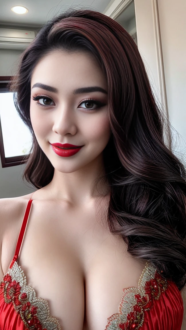 instagram photo, closeup face photo of 20 y.o Chloe in kebaya, Red Lipstick, sensual Lipstick, Sensational Make Up, cleavage, pale skin, (smile:0.4), hard shadows, Red G-STRING, bright lighting 