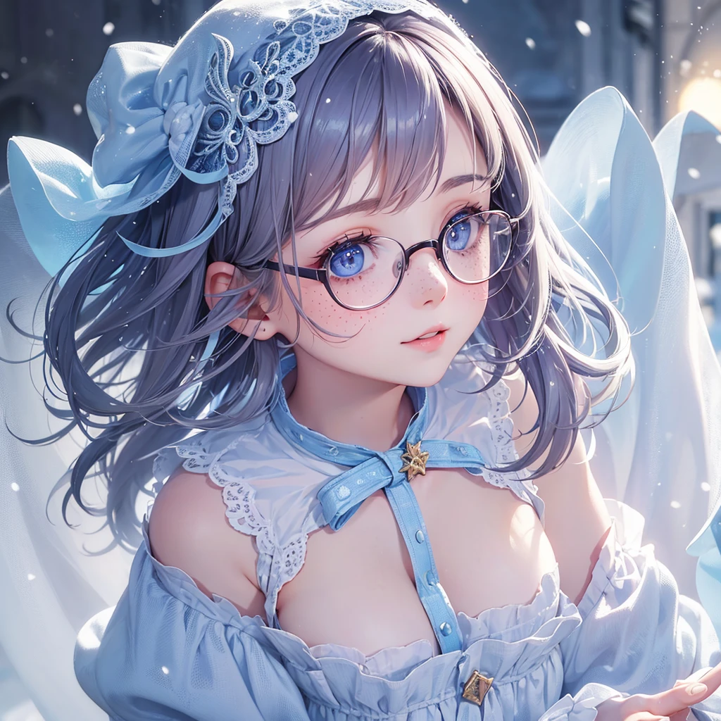 Cute glasse girl one girl wight hair Freckles cheeks pure skin angel dress snow background snow falls blue eyes cute eye browse face view