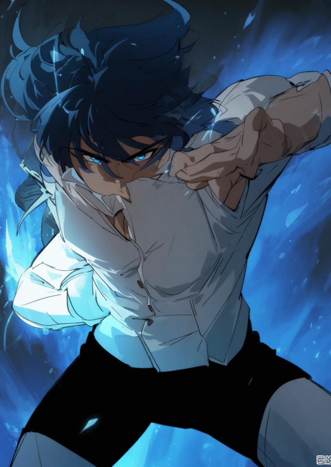 a handsome male, with dark blue hair and blue eyes action pose . Manhwa style.