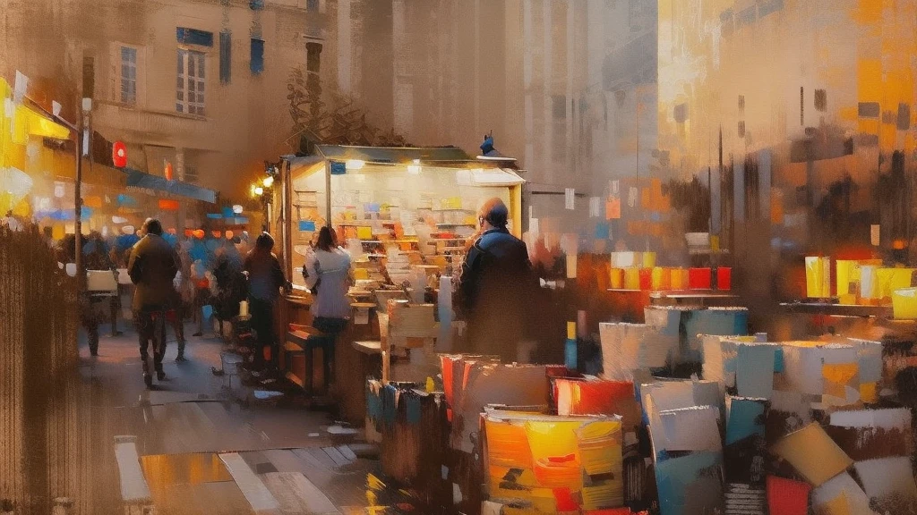 Cityscape print , Paris street cafeteria, night market,  road light, car,  bookstore, Long Shot, A broad perspective,  sunset, car両,  Artistic Oil Painting,