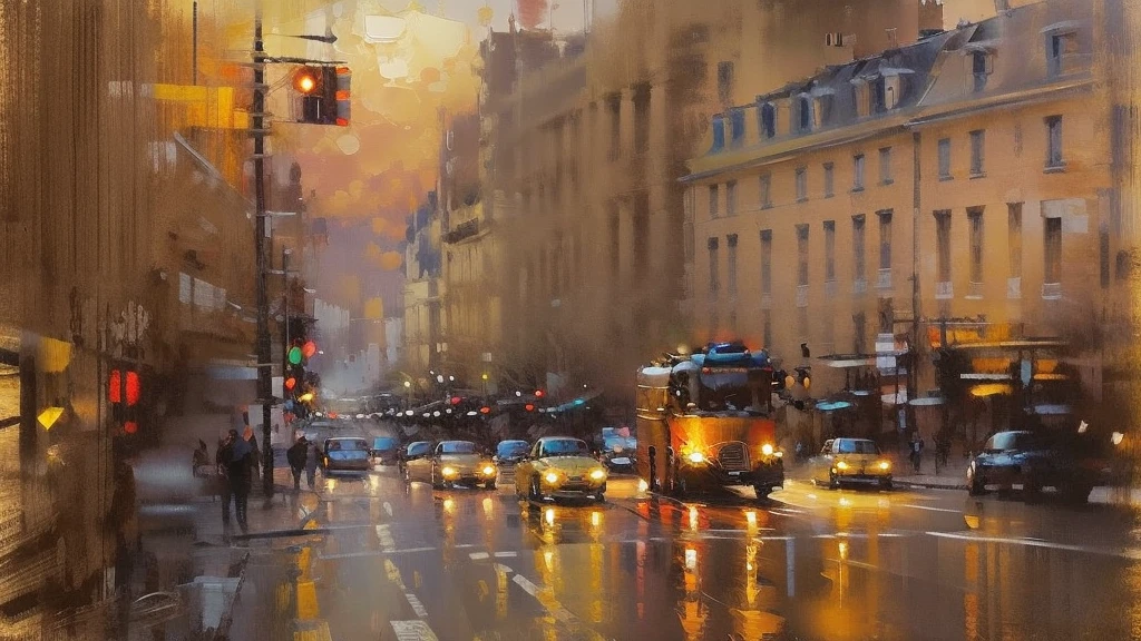 Cityscape print , Paris street cafeteria, night market, road light, car, bookstore, Long Shot, A broad perspective, sunset, car両, Artistic Oil Painting,