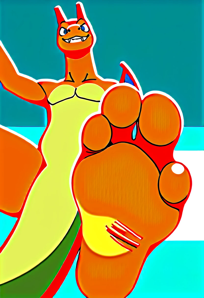 score_9,score_8_up score_7_up, furry, anthro, cute, Charizard, pokemon, orange dragon, male, feet, dragon feet, (focus on feet:1.2), nsfw, looking at viewer, raised foot, lifting foot up, view of bottom of foot, (close up on feet:1.2), naked, big feet, locker room background, detailed background, (extreme low angle view:1.2), looking down at viewer, extreme low angle shot, bully, bullying, evil grin, (Charizard feet:1.2), flat feet, orange feet, orange soles, 