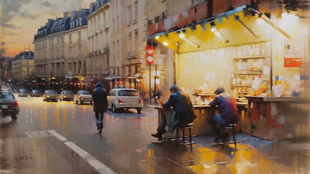 Cityscape print , Paris street cafeteria, night market, road light, car, bookstore, Long Shot, A broad perspective, sunset, car両, Artistic Oil Painting,