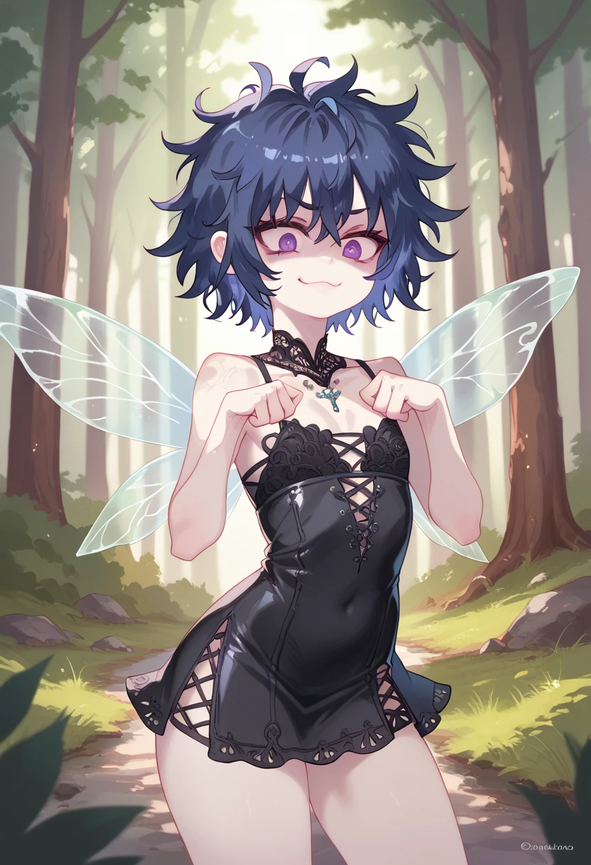 score_9, score_8_up, score_7_up, source_anime, (((Watercolor))), ((anatomically correct)),1girl,(short dress:1.4),(messy hair:1.5),(lingerie:1.4),((leather accents)),((spiked jewelry)),black dress,((fairy wings)),(blue hair),short hair,messy bangs,ultra-detailed face,beautiful detailed eyes,((narrowed-eyed)),violet eyes,flat chest,smug expression,exaggerated pose,solo,
Dynamic portrait,
((woods)),stream,(fantasy) 