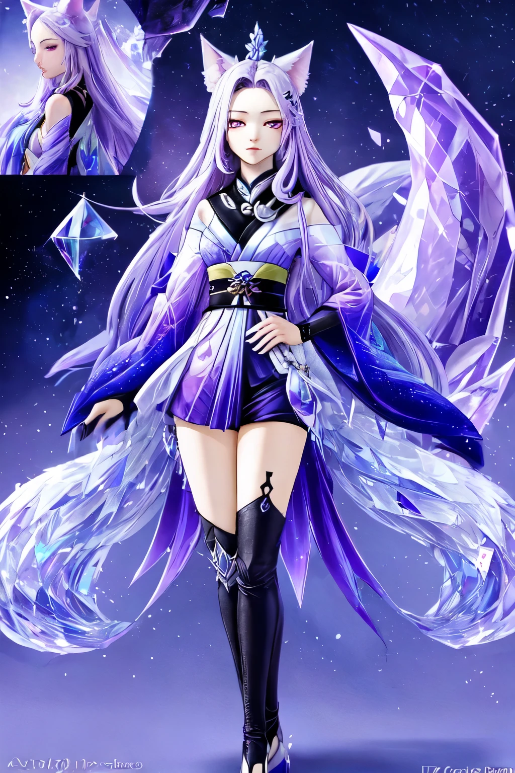 ((best quality)), ((masterpiece)), (detailed), detailed purple eyes, detailed hands, full-body image, humanoid kitsune, wearing a short kimono, crystallized crown, light purple hair, light purple fox ears, 2 translucent crystal foxtails, only 2 translucent crystal foxtails, 1 star shape marking on forehead, delicate and beautiful detailing, detailed hands, well-proportioned detailed purple eyes, well-proportioned hands, well-proportioned face, round detailed purple eyes, beautiful detailed and clear purple eyes, volume smooth and sharp, long flat light purple bangs, fictional art, best photos, best quality, 1 very beautiful and meticulous star shape forehead marking,