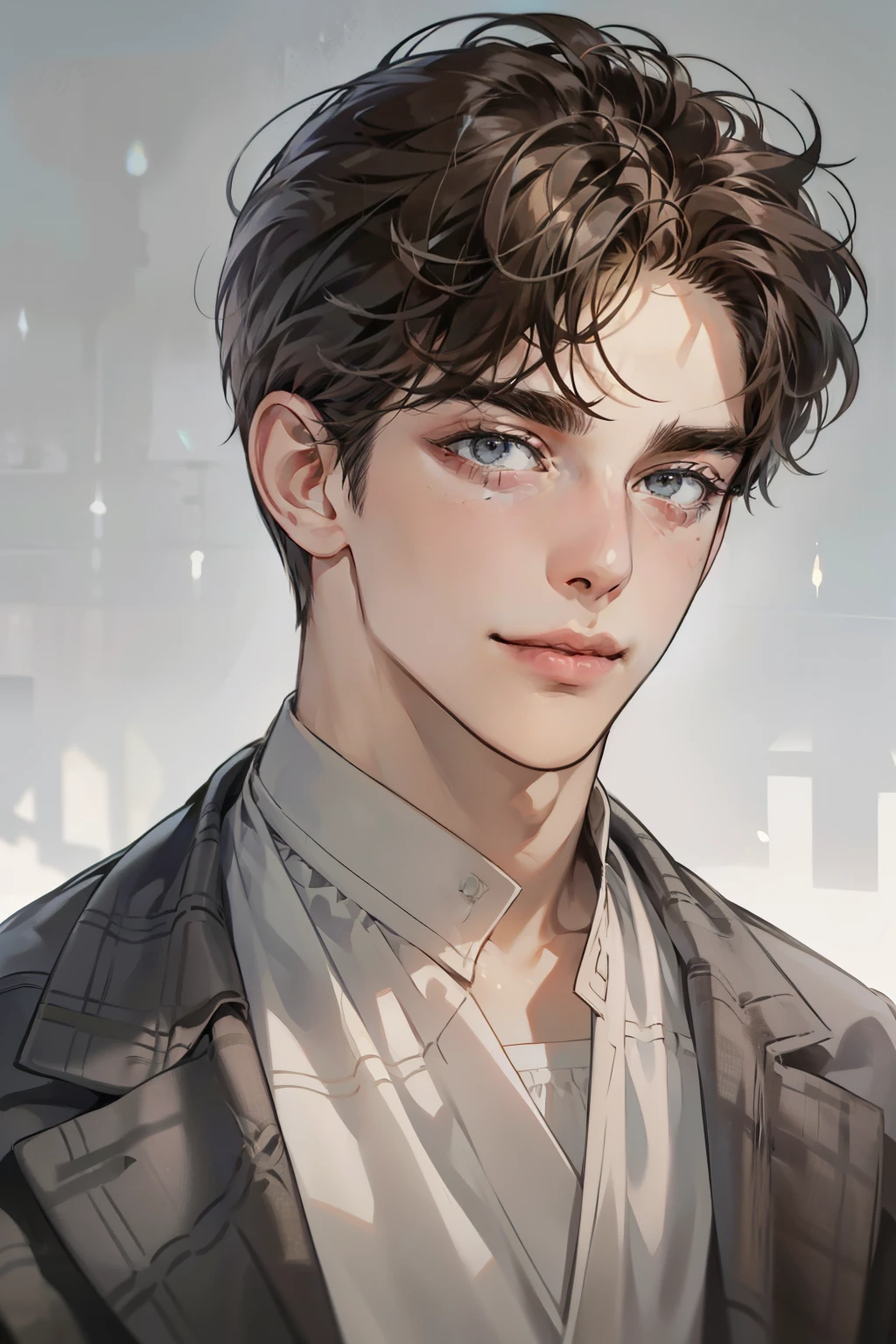 masterpiece, best quality, realistic, 1man, mature male, quiet and charming young man, 25 year old, a smirk, closed mouth, portrait, extremely detailed face, cold smile, ((dark grey eyes)), ((short-right-swept dark brown hair)), [thick eyebrows], ((suit)), handsome, distant shot, western, Jewish, light brown skin