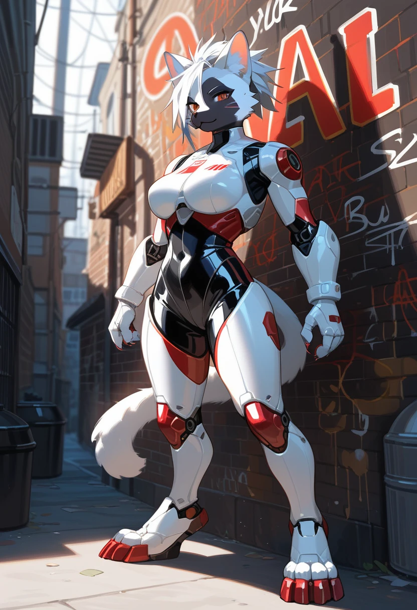 animation, Highest quality, Highest quality, High quality illustrations, masterpiece, Ultra-high resolution, Detailed Background, Alley, Graffiti art on the wall, Absurd, Perfect Anatomy, performance, Good lighting, Shadows in the movies(kemono, Furry PersonifiCation), Cat, White Skin, Light blue hair, White Rubber Suit, Red Pattern, latex, neon, neonライト, neonカラー, Bodysuits, Cyber Suit, Mech Suit, cyber punk