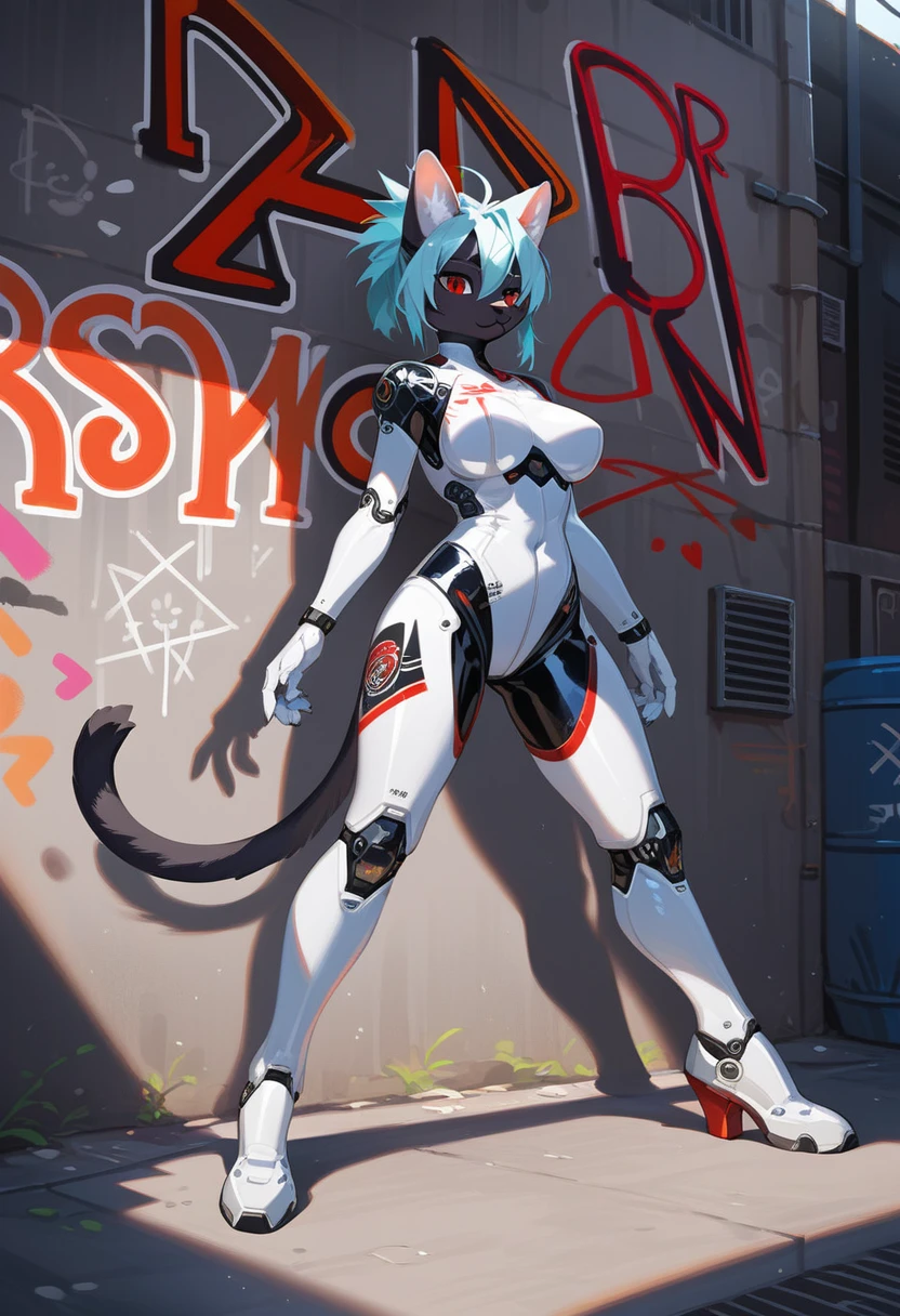 animation, Highest quality, Highest quality, High quality illustrations, masterpiece, Ultra-high resolution, Detailed Background, Alley, Graffiti art on the wall, Absurd, Perfect Anatomy, performance, Good lighting, Shadows in the movies(kemono, Furry PersonifiCation), Cat, Black Skin, White Rubber Suit, Red Pattern, latex, neon, neonライト, neonカラー, Bodysuits, Cyber Suit, Mech Suit, cyber punk