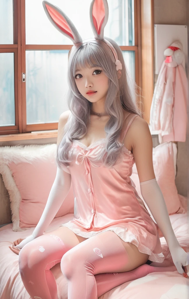 On the bright red campus"Full Body Tights"character、Beautiful illustrations, Highest quality, pretty girl, Bedroom, pastel colour, Fluffy bunny ears, , Silver long hair, Stuffed rabbit, Bright lighting, Pale pink eyes、Full Body Tights