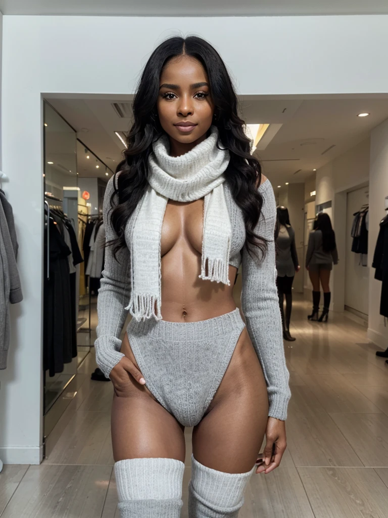 8k, RAW photo, best quality, ultra high resolution, photorealistic, realistic photo of ciara harris, (ciara harris), (slim face, dark skin, black hair, wavy hair), in the shopping mall, futuristic interior, boutiques, bright light, (photo from the side), ((seductive standing pose)), (wearing: (long wool sweater), (grey thigh high socks), (white scarf)), ((looking at viewer)), smirking, seductive, High Detail, Sharp focus, (bright light)