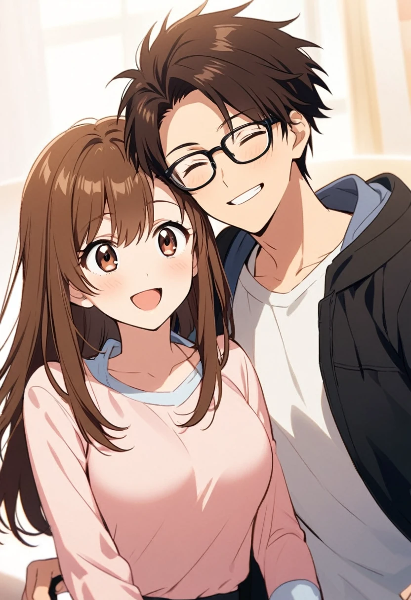anime, two people, one beautiful female with long brown hair and no glasses, the other person is a male with short dark brown hair and black rimmed glasses, they are boyfriend and girlfriend, both smiling