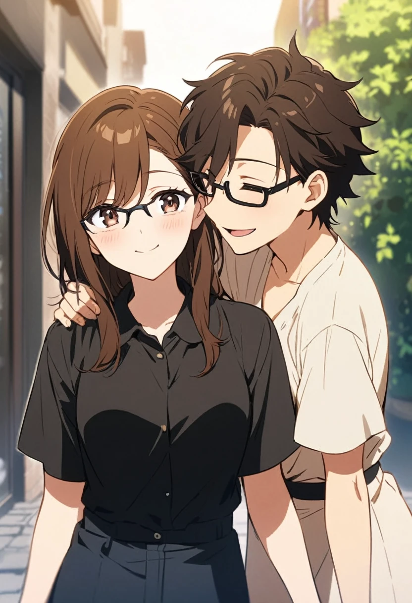 anime, two people, one beautiful female with long brown hair and no glasses, the other person is a male with short dark brown hair and black rimmed glasses, they are boyfriend and girlfriend, both smiling