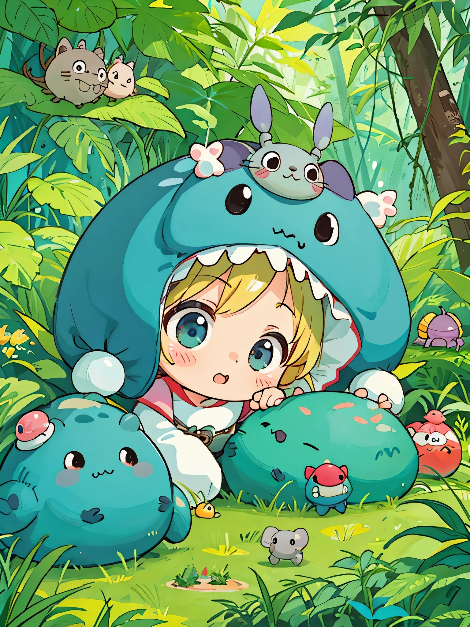 Mika Pikazo style, Kawaii Design, The most beautiful girl of all time、Chibi, Colorful and cute pillbugs, Totoro Forest