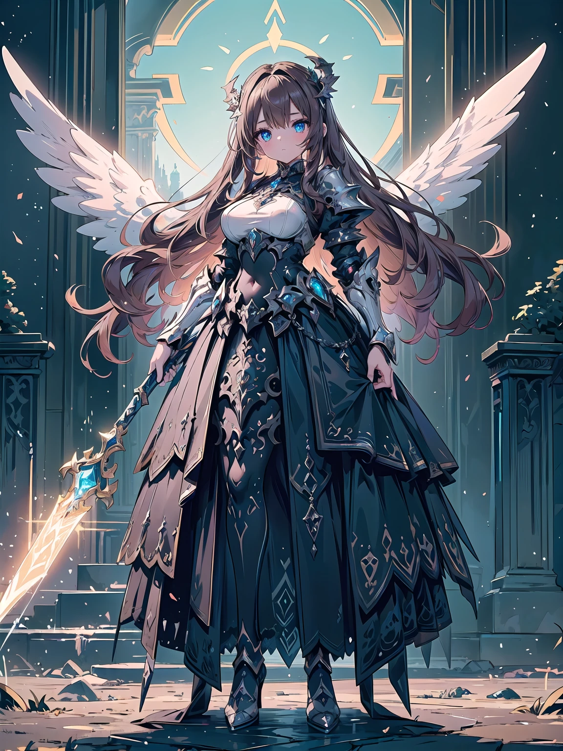 (((masterpiece))) (((highest quality))) (((8k resolution))) Queen in power armor, (gothic style), (full body shot 1.2), bellybutton, The most beautiful and sexy angel goddess, with long light brown hair, and glowing blue eyes, wearing intricate white gothic battle armor, angel wings, standing majestically in front of a gothic castle. ((perfect illumination)), a radiant glowing aura surrounds her, highlighting her divine presence and ethereal beauty, as she stands ready to defend her realm. The intricate details of her armor shimmer under the moonlight, and her angelic wings spread wide, casting an awe-inspiring shadow. Her glowing blue eyes exude both kindness and immense power, making her the epitome of grace and strength.