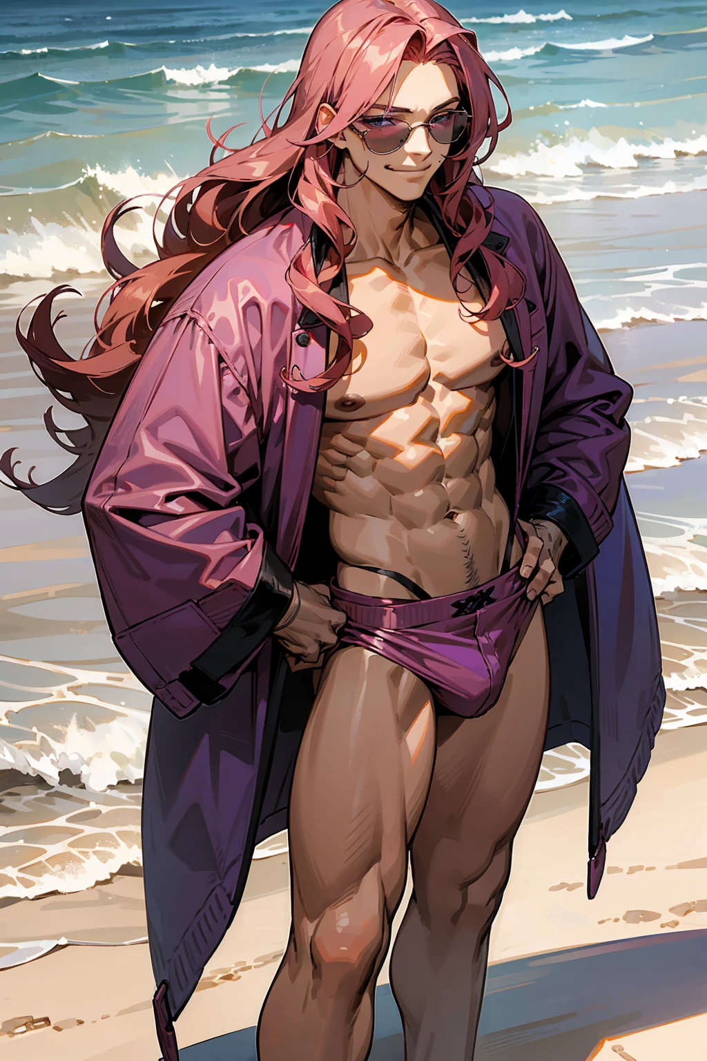 1male, Young Adult, Dark Red Hair, Light Pink Hair, ,Muscular, Curly Hair, Long Hair, Two Toned Hair, Sunglasses, Magenta Colored Eyes, Smirk, Standing On Beach, Purple Coat