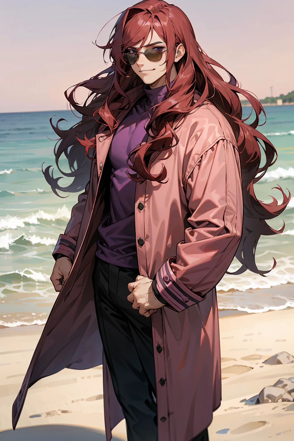 1male, Young Adult, Dark Red Hair, Light Pink Hair, ,Muscular, Curly Hair, Long Hair, Two Toned Hair, Sunglasses, Magenta Colored Eyes, Smirk, Standing On Beach, Purple Coat