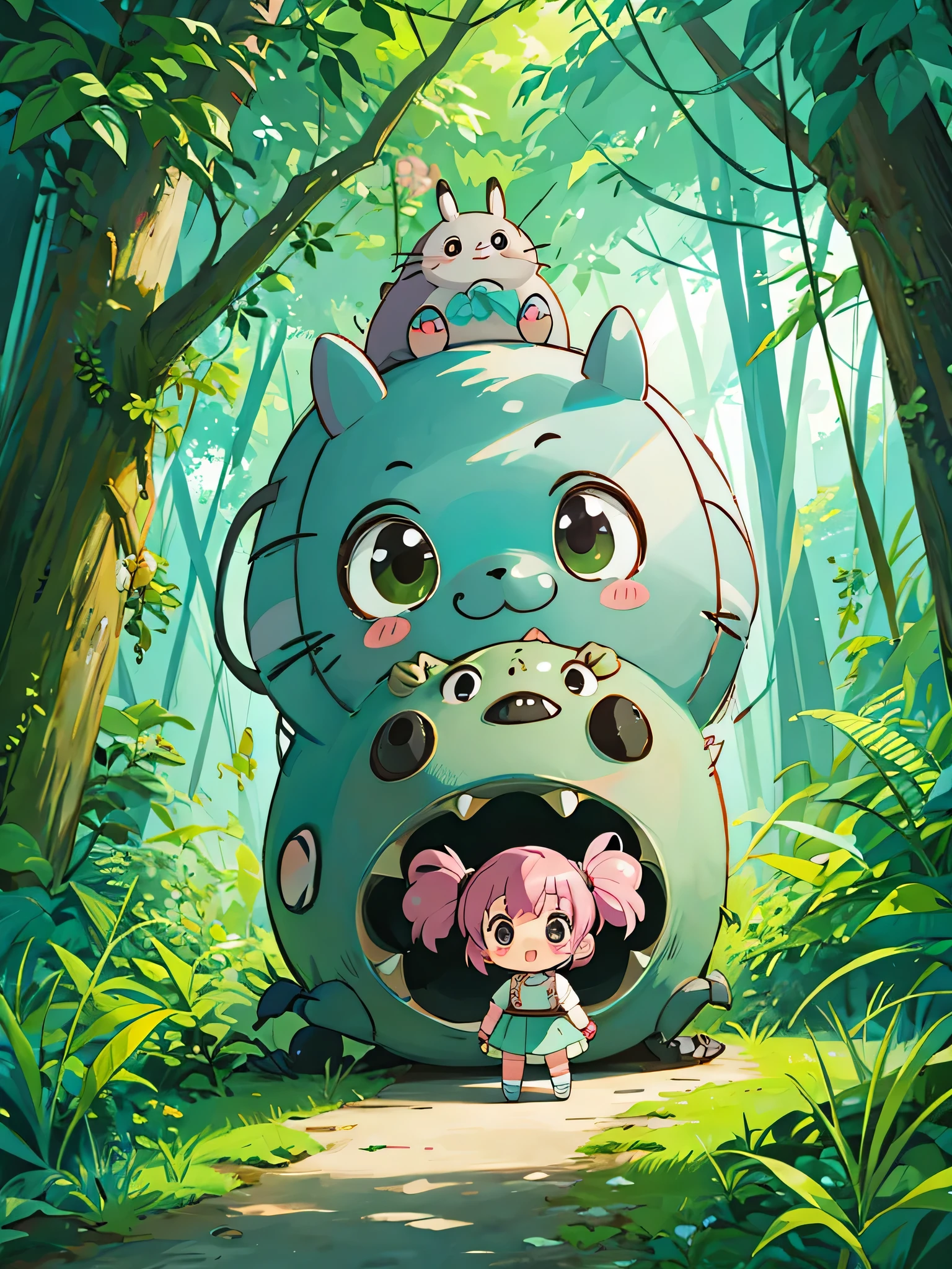 Mika Pikazo style, Kawaii Design, The most beautiful girl of all time、Chibi, Colorful and cute pillbugs, Totoro Forest