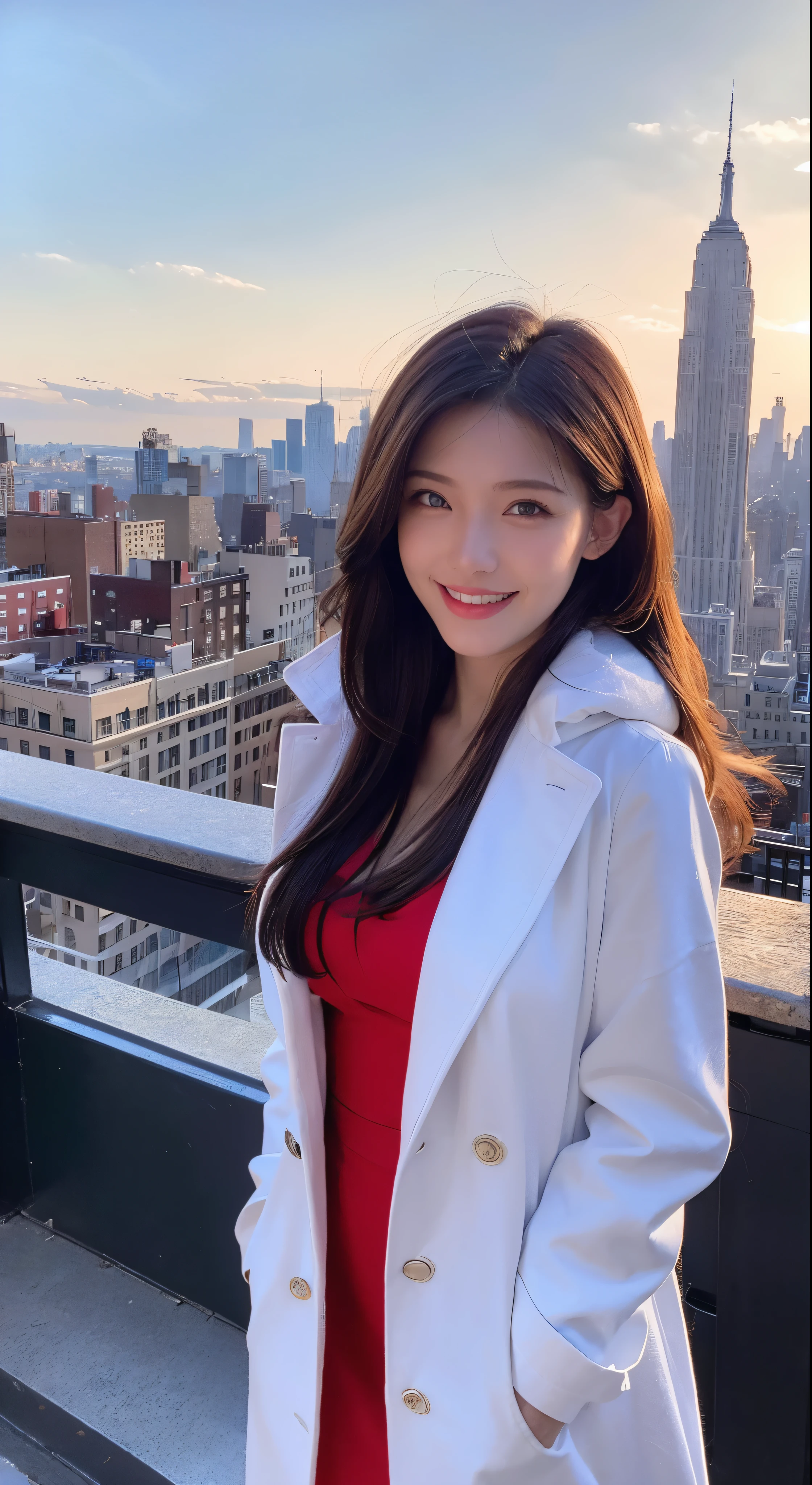 with high definition images，View of the Empire State Building from the rooftop in New York，Beautiful woman smiling and looking at camera，Beautiful woman in a white coat and red dress（Full body high quality images）A sunny, cloudless day
