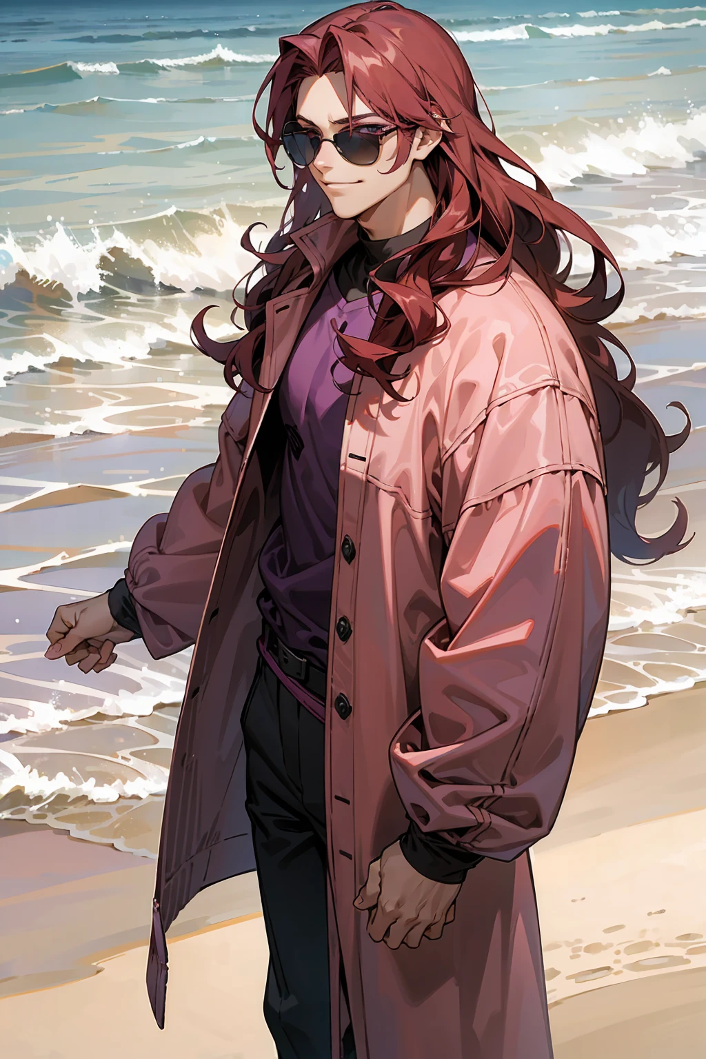 1male, Young Adult, Dark Red Hair, Light Pink Hair, ,Muscular, Curly Hair, Long Hair, Two Toned Hair, Sunglasses, Magenta Colored Eyes, Smirk, Standing On Beach, Purple Coat