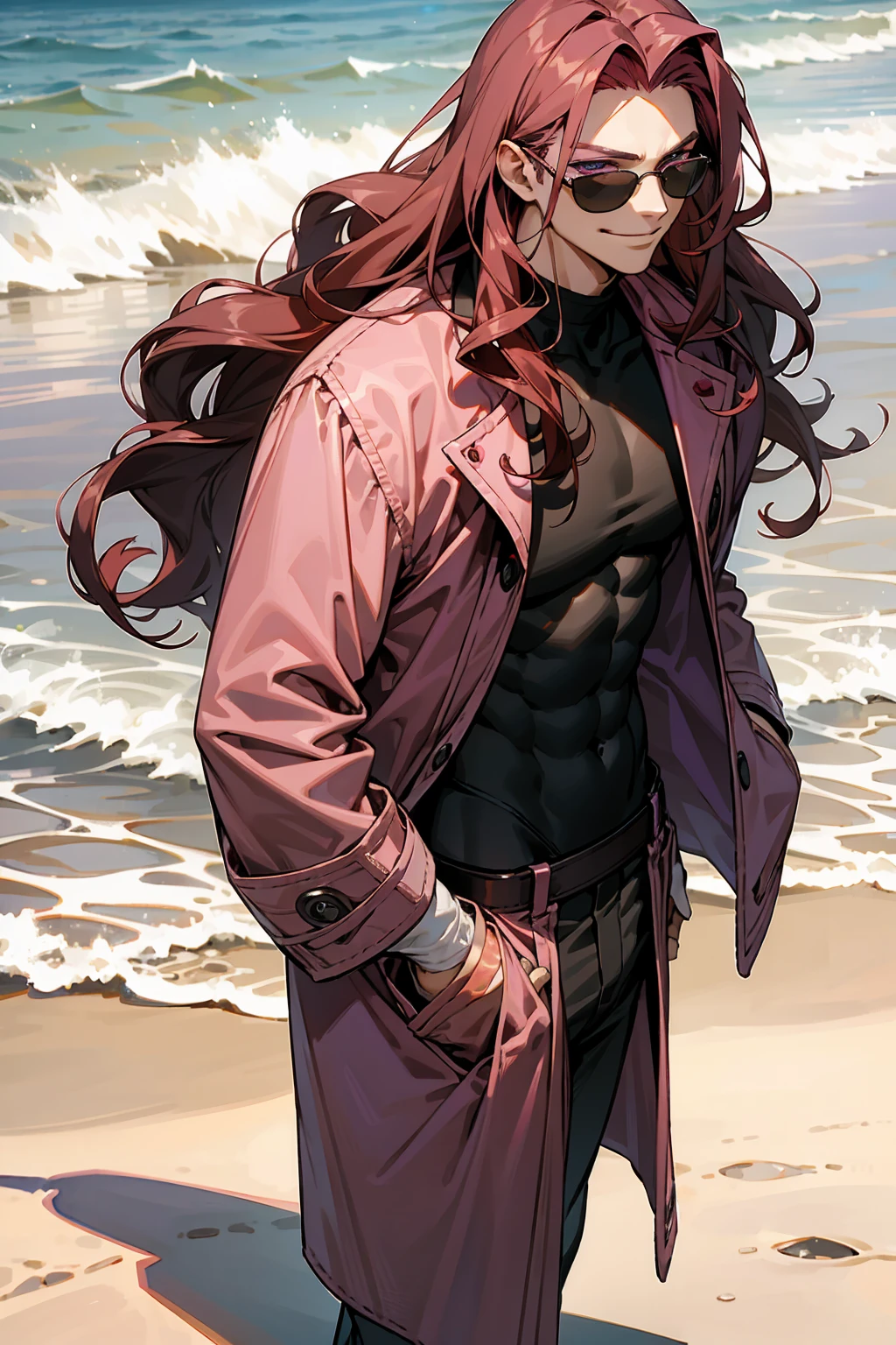 1male, Young Adult, Dark Red Hair, Light Pink Hair, ,Muscular, Curly Hair, Long Hair, Two Toned Hair, Sunglasses, Magenta Colored Eyes, Smirk, Standing On Beach, Purple Coat