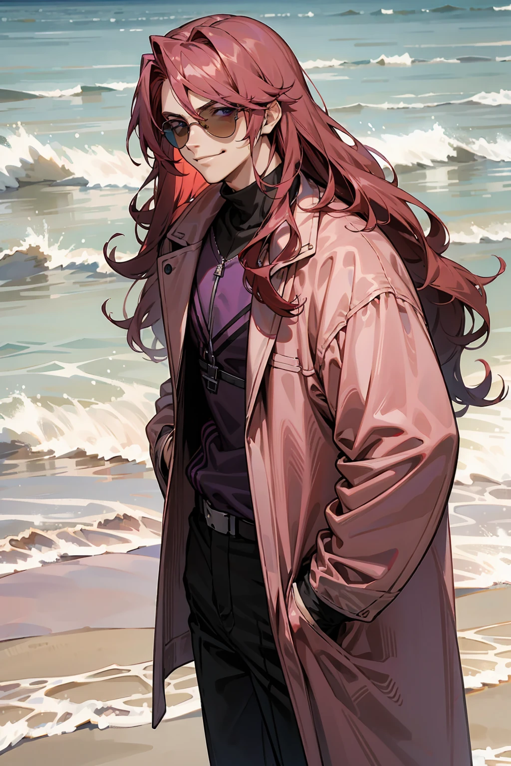 1male, Young Adult, Dark Red Hair, Light Pink Hair, ,Muscular, Curly Hair, Long Hair, Two Toned Hair, Sunglasses, Magenta Colored Eyes, Smirk, Standing On Beach, Purple Coat