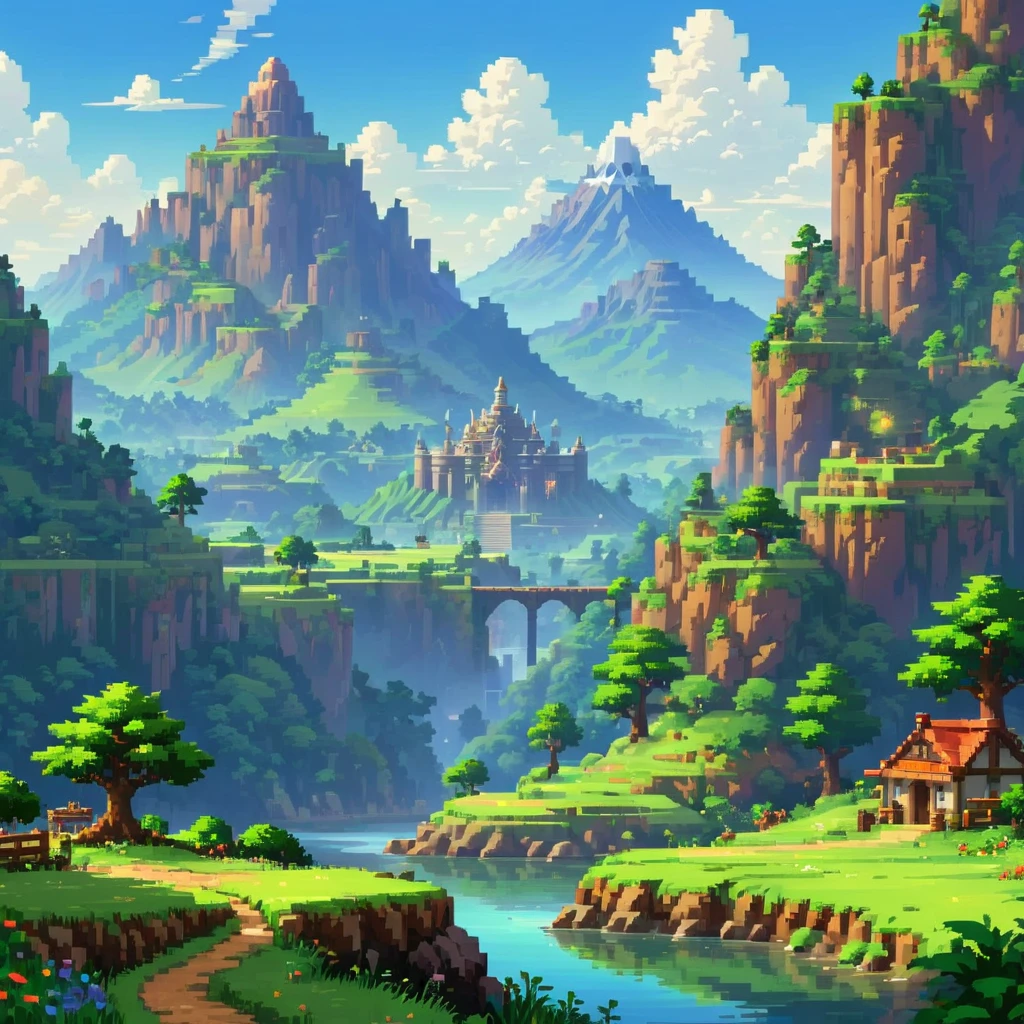 (Zelda Style Scenery:1.5),(landscape:1.5), (Pixel art:1.5), (pixel theme:1.5), (fantasy:1.5), (beautiful scenely:1.5),(landscapes:1.5), Paisaje de montañas