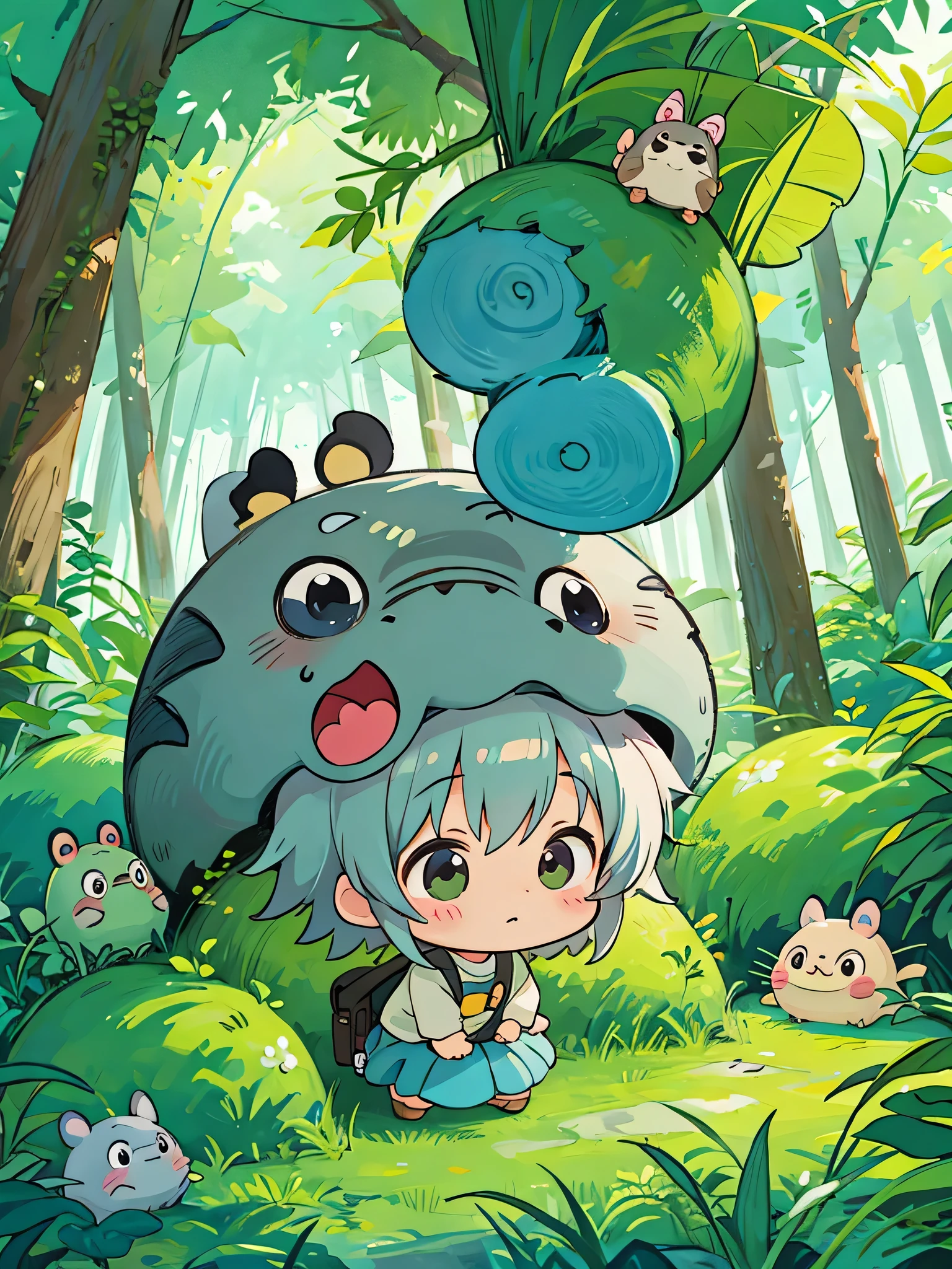 Mika Pikazo style, Kawaii Design, The most beautiful girl of all time、Chibi, Colorful and cute pillbugs, Totoro Forest