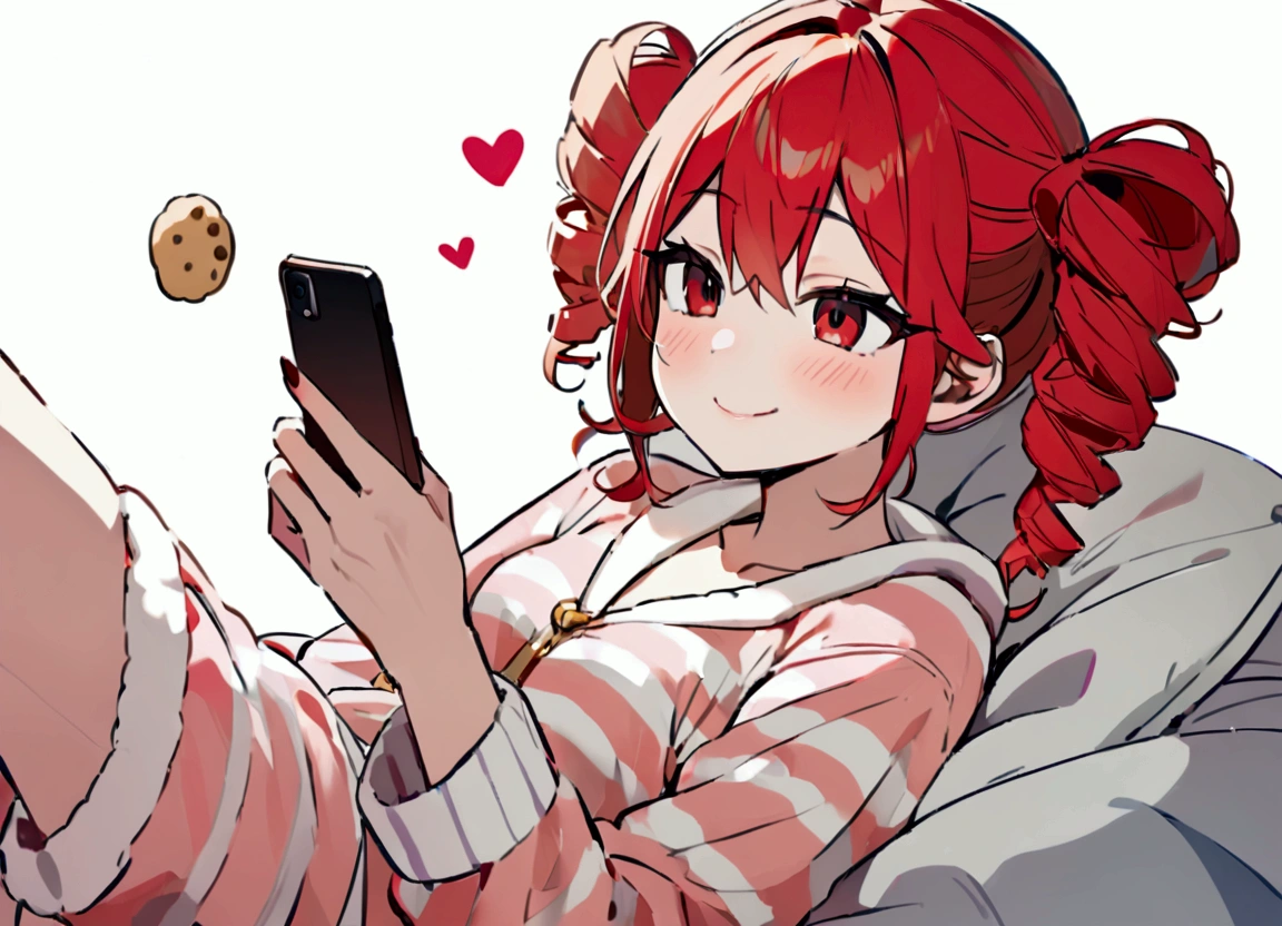 Red hair, smiles, wears loungewear, eats copious amounts of cookies, looks at smartphone