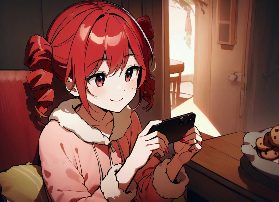 Red hair, smiles, wears loungewear, eats copious amounts of cookies, looks at smartphone