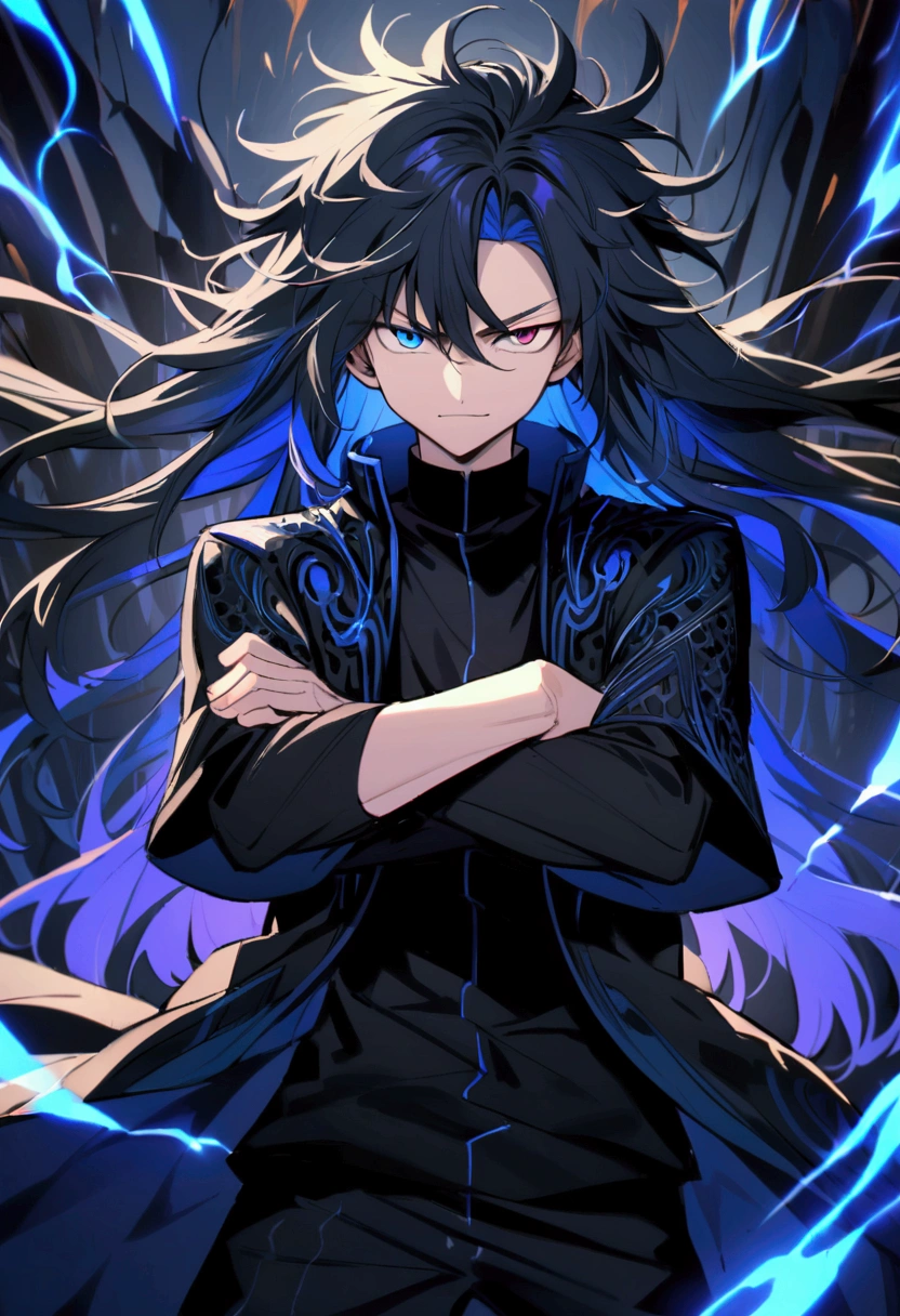  boy, Messy hair, long hair, multicolored blue and black hair, crossed arms, blue and black eyes, heterochromia, ssmile, serious face, black jersey, dark blue detailed and wide short-sleeved overcoat, detailed black pants, electric aura around the character, 