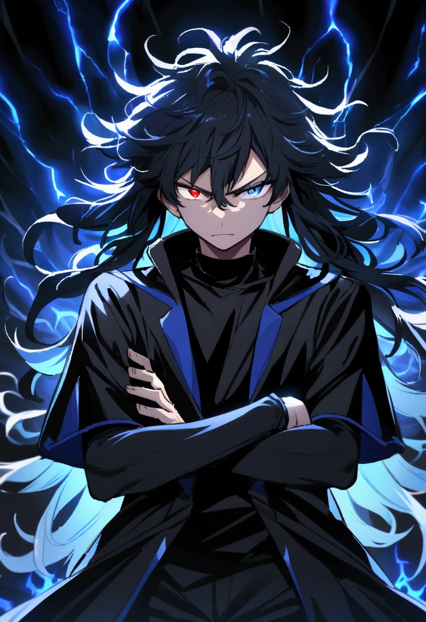 age boy, Messy hair, long hair, multicolored blue and black hair, crossed arms, blue and black eyes, heterochromia, ssmile, serious face, black jersey, dark blue detailed and wide short-sleeved overcoat, detailed black pants, electric aura around the character,