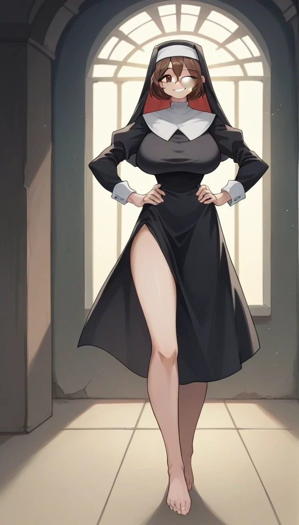 Masterpiece, best quality, Masterpiece, best quality, 1 woman , White rabbit , ferry , short brown hair , I closed one eye , red eyes , sly face , smile , nun suit , High-waisted dress , abdomen , big breasts , Long legs , hands on hips , Barefoot , abandoned factory , at night