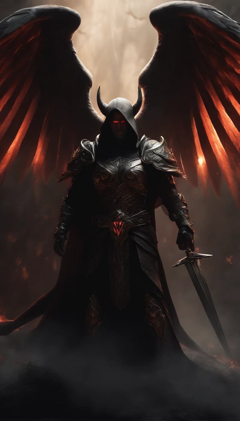 a demonic angel with two swords and a demon face, diablo digital concept art, diablo concept art, the angel of Death, symmetrical epic fantasy art, lucifer oil canvas, hellish art in good quality, with infernal devil wings, archangel, epic fantasy digital art, angel in hell, lucifer, demon wings, epic fantasy art, epic fantasy artwork