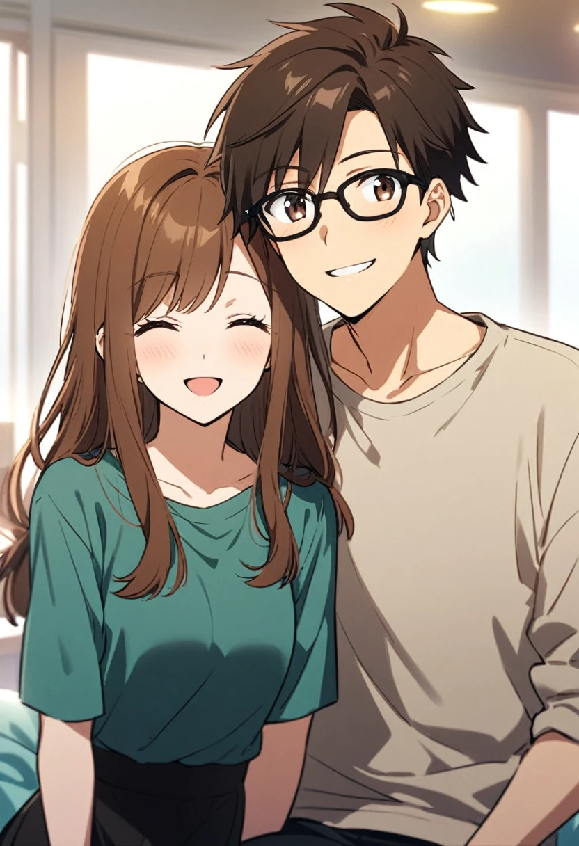 anime, two people, one beautiful female with long brown hair and no glasses, the other person is a male with short dark brown hair and black rimmed glasses, they are boyfriend and girlfriend, both smiling