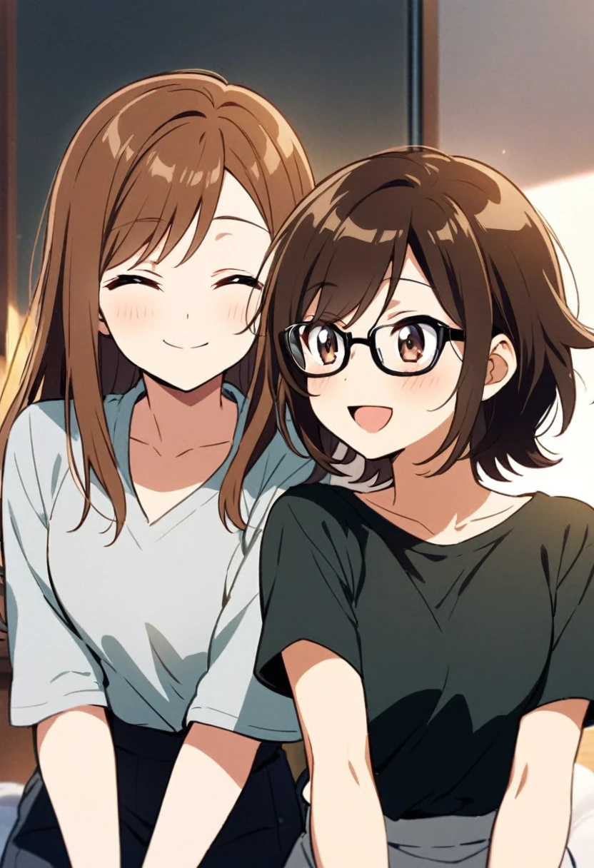 anime, two people, one beautiful female with long brown hair and no glasses, the other person is a male with short dark brown hair and black rimmed glasses, they are boyfriend and girlfriend, both smiling