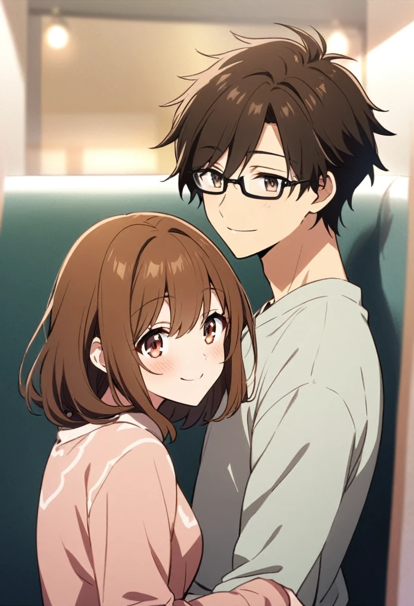 anime, two people, one beautiful female with long brown hair and no glasses, the other person is a male with short dark brown hair and black rimmed glasses, they are boyfriend and girlfriend, both smiling