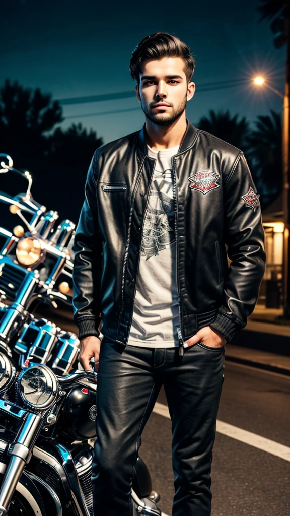 young adult man, middle-lenght dark hair, has beard, wearing a jacket of a motorcycle gang, a chopper model motorcycle on the background, it is night time, ultra realistic, best quality