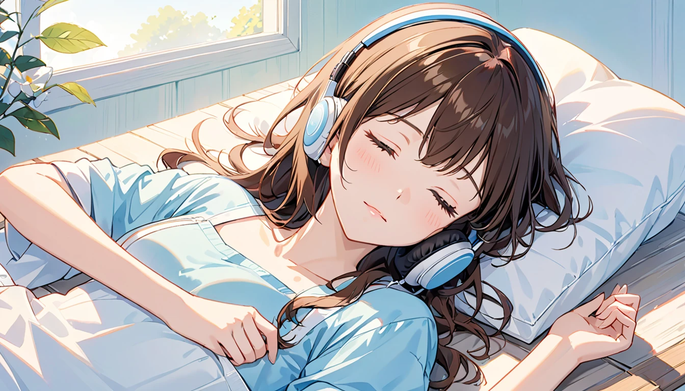 Girl wearing headphones,ベッドでrelaxして寝ている,Brown Hair,One girl,Eyes closed,relax,「Gentle morning light」,Lying down,