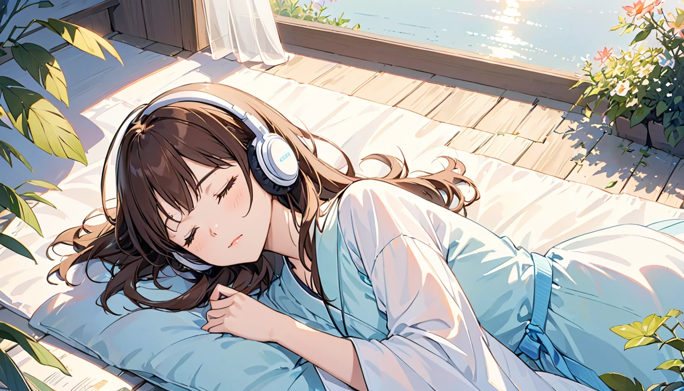 Girl wearing headphones,ベッドでrelaxして寝ている,Brown Hair,One girl,Eyes closed,relax,「Gentle morning light」,Lying down,