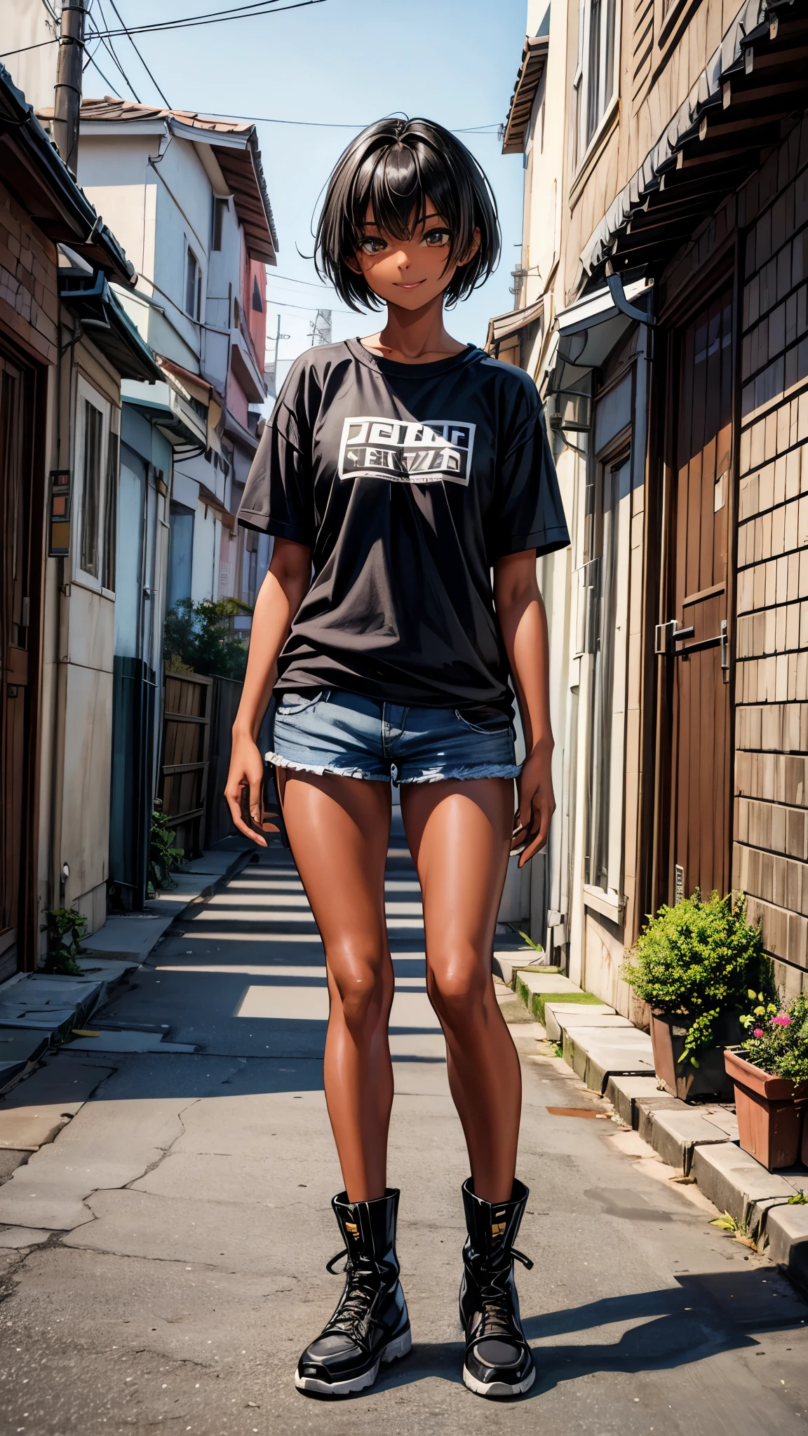 outside the street,((full body1.8)),One 16 years old girl,(dark skin color),short black hair,seductive smile,y2k fashion,tops,short sleeve,shorts,boots.