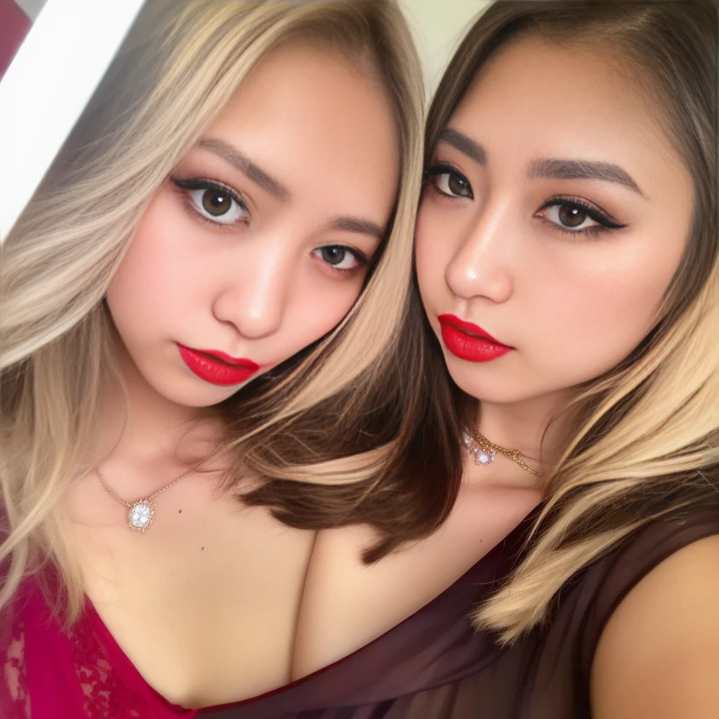 pretty vietnamese girl, slightly tanned skin, slut, 1girl, blonde hair, light blonde hair, face closeup, makeup, selfie,beautiful,long eyelashes, detailed face, red lips, jewelry