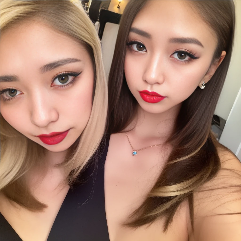 pretty vietnamese girl, slightly tanned skin, slut, 1girl, blonde hair, light blonde hair, face closeup, makeup, selfie,beautiful,long eyelashes, detailed face, red lips, jewelry