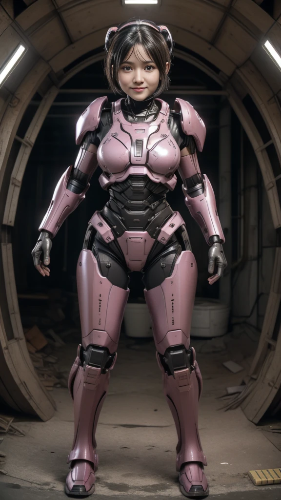 Textured skin, Very detailed, Attention to detail, high quality, 最high quality, High resolution, 1080P, hard disk, beautiful,(Terminator),beautifulサイボーグ女性,pink mecha cyborg girl,Battle Mode,Girl with a mechanical body,She is wearing a weaponized combat cyborg mech,Full Body Shot　bare hands　Boyish short hair　Berry Short　Brown eyes　Black Hair　Kindergarten girl　Steam coming out of the head　cute　smile