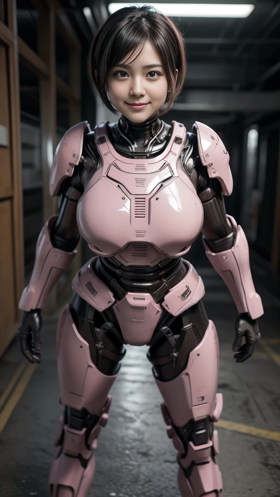 Textured skin, Very detailed, Attention to detail, high quality, 最high quality, High resolution, 1080P, hard disk, beautiful,(Terminator),beautifulサイボーグ女性,pink mecha cyborg girl,Battle Mode,Girl with a mechanical body,She is wearing a weaponized combat cyborg mech,Full Body Shot　bare hands　Boyish short hair　Berry Short　Brown eyes　Black Hair　Kindergarten girl　Steam coming out of the head　cute　smile