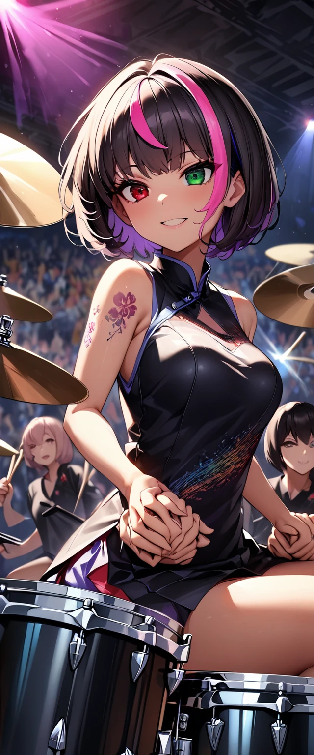 (highest quality:1.2, Very detailed, up to date, Vibrant, Ultra-high resolution, High Contrast, masterpiece:1.2, highest quality, Best aesthetics), girl、slim, , heterrochromia, green eye, red eye, Passionate performance、stage、performance、Rock Music、Bright colors、Beautiful fine details、Beautiful lip detail、extra short hair, ((bob cut:1.5))、pink and purple ((streaked hair:1.9)), (highlights hair: 1.6), middium breast, (tan skin:1), ((sitting at a drum set and playing the drums. The drum set includes a bass drum, snare drum, toms, floor toms, hi-hat, crash cymbals, ride cymbals, and a china cymbal.)) , (holding one drum srick on her each hand and beating drums:1.5), (powerful pose:1)、beating cymbals with drum sticks, Concert Light、Edgy Style、colorful Cheongsam, (no sleeve:1)、Dynamic Movement、hypnotic sounds、Stadium、amplifier、Loud music、,Sparkling stage、Concert atmosphere、Music Festival、Full of emotion、Rock star attitude、Resolute expression、Avid Fan、The presence of an attractive stage、 Expressive gestures、Rock star aura、An exciting atmosphere、An unforgettable show, (Floral Fineline tattoo design on right arm:1),