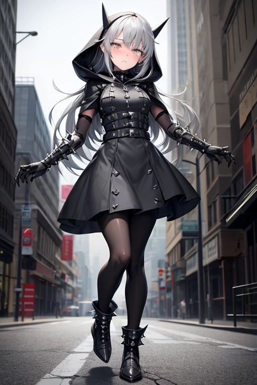 ((best quality)), ((masterpiece)), (detailed), 1 girl, Full body, 18 years old, Depressed face, Silver eyes, Arm outstretched, Gray zippered hood, Blushing, Silver hair, Spiky hair, Bangs, Strand of hair covering eye, Full body, Very tall, Small breasts, Thin body, Metal spikes, Gray wristbands, Long black gloves with spikes, Grey gothic dress, Gray dress with metal spikes, Metal emblem, Somewhat tight, Black belt, Metal legs, Black pantyhose, Black boots, Walking through the city, Giant metal spikes sticking out of the street, Cracked road, City background, Anime