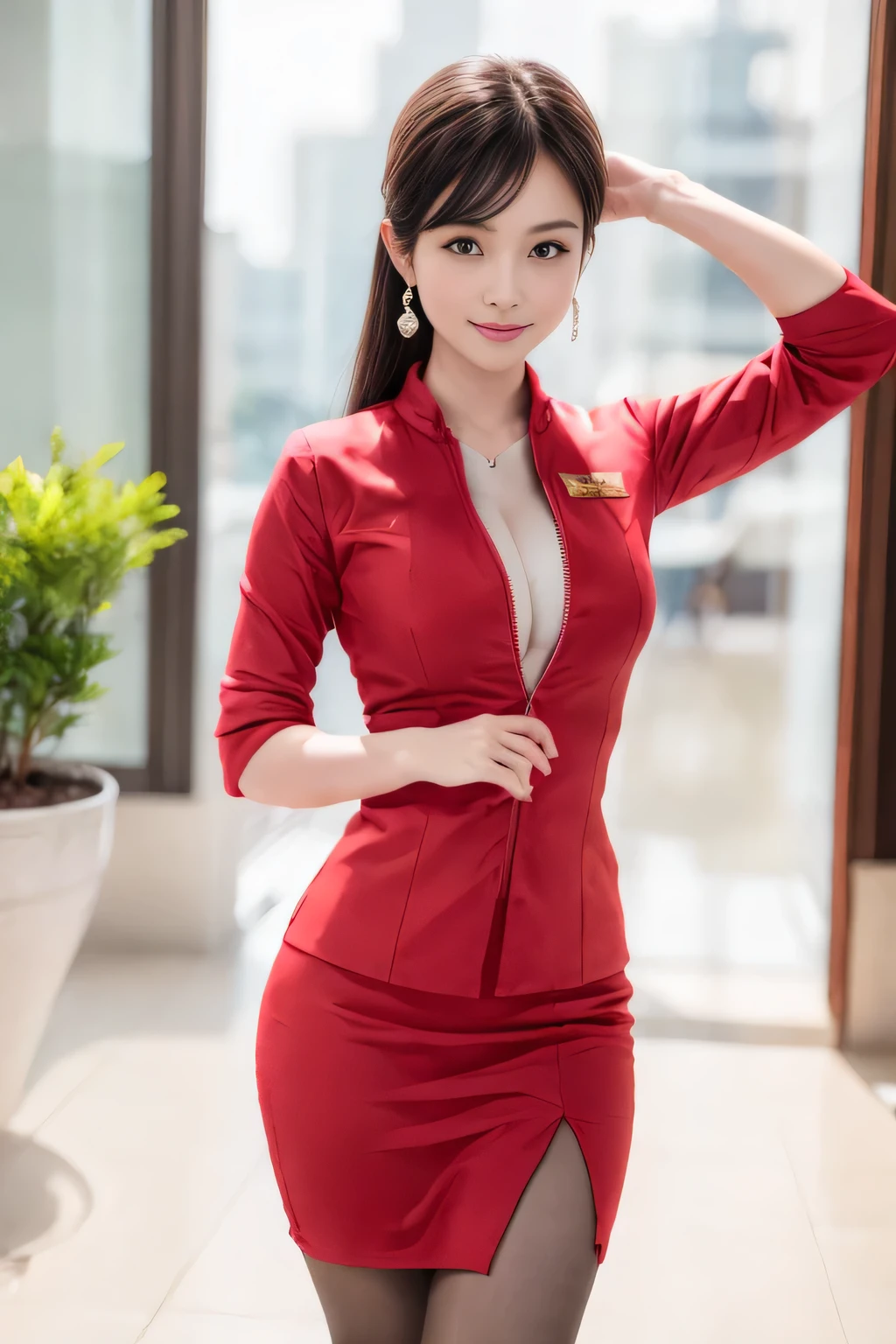 (masterpiece:1.2, Highest quality:1.2), 32k HDR, High resolution, (alone, 1 Girl), (AirAsia stewardess uniform realistic style), A proper woman, Beautiful Face, Brown Hair, (Long hair down to the legs), (Red jacket:1.1, Unzipped jacket, Unbuttoned white shirt:1.05, Red mini skirt:1.1, pantyhose),(Showing big through cleavage in unbuttoned white shirt)、(long hair that reaches down to the legs)、Perfect slim body:1.1, Huge breasts, huge breasts cleavage, Detailed skin texture, Beautiful Eyes, (Attractive look:1.2), necklace、Earrings、(forward leaning posture:1.5), On the roof of a building, Rooftop at daytime,blue eyes、Hands should be lowered