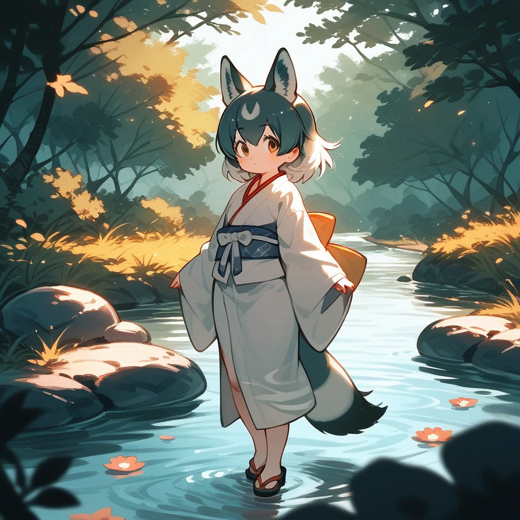 kemono friends, kimono, river, standing on, (score_9,score_8_up,score_7_up,score_6_up,score_5_up,score_4_up)